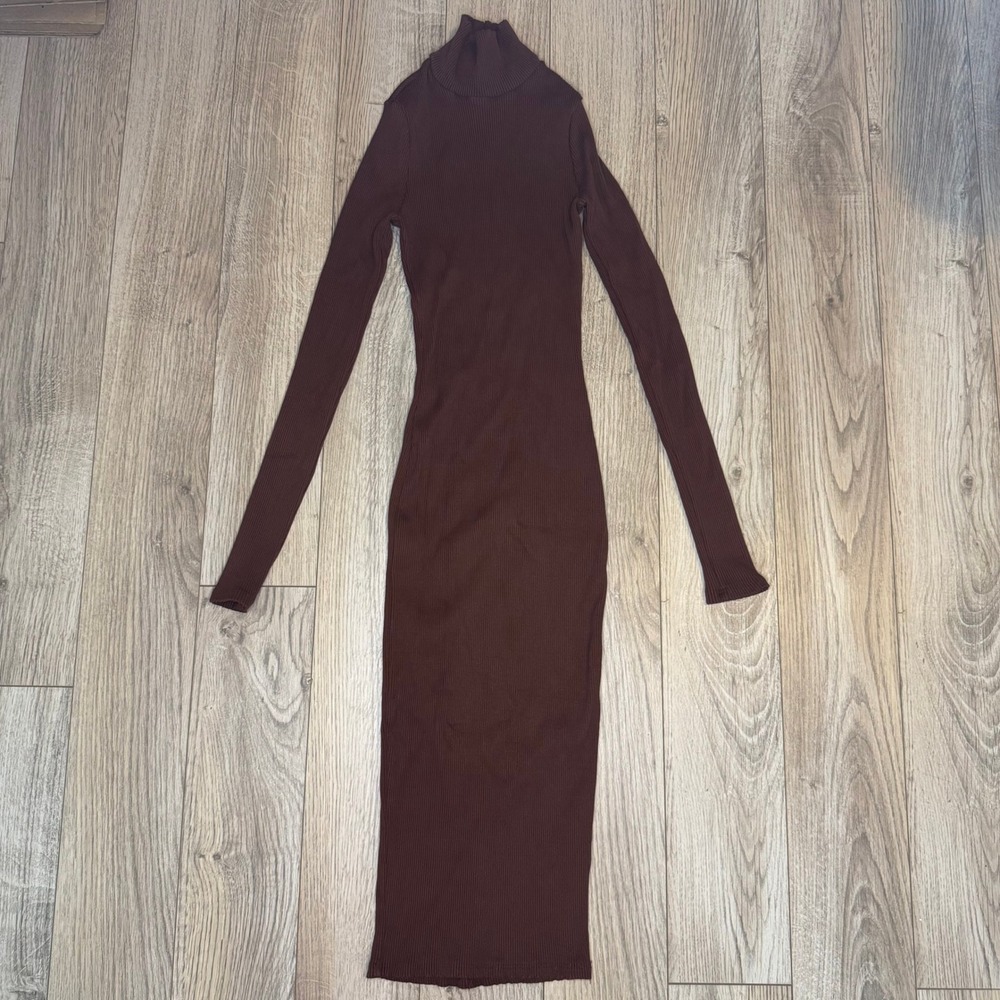 Fashion Nova | Ribbed Turtleneck Long Sleeve Bodycon Midi Dress | Brown | XS